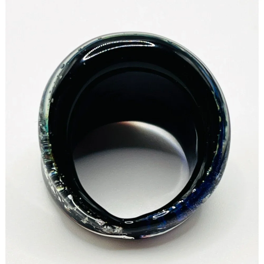 Hand Blown Glass Ring Sz 6.25 - 6.5 Black Swirl Metallic Wide Art Venetian Style